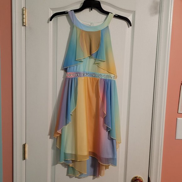 white christmas dresses 1990s Christian Dior Pastel Rainbow Silk Chiffon Caped Back Goddess Dr –  Shrimpton Couture